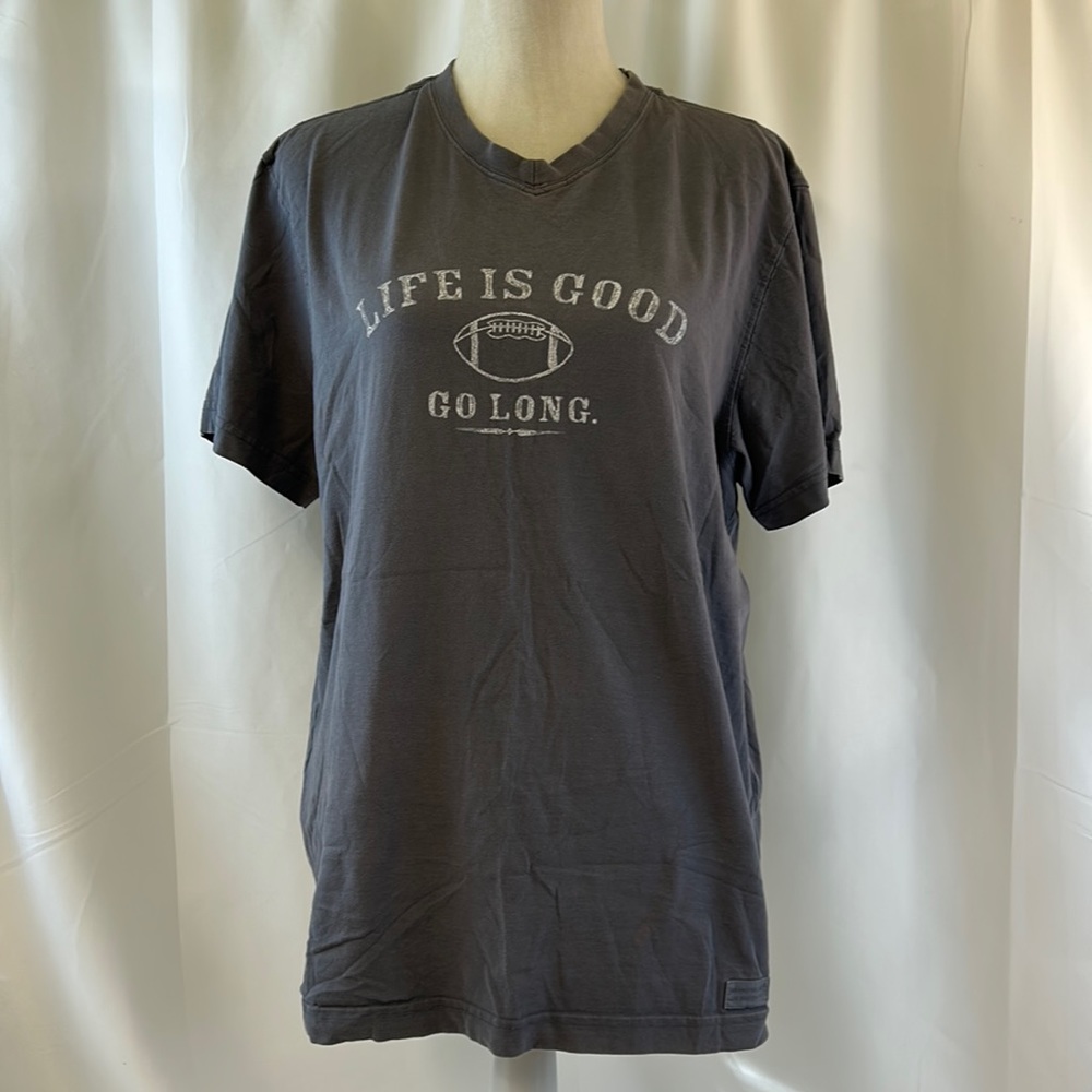 Life is Good ~ Go Long ~ Men’s Gray Football V-Neck T-shirt Size Large